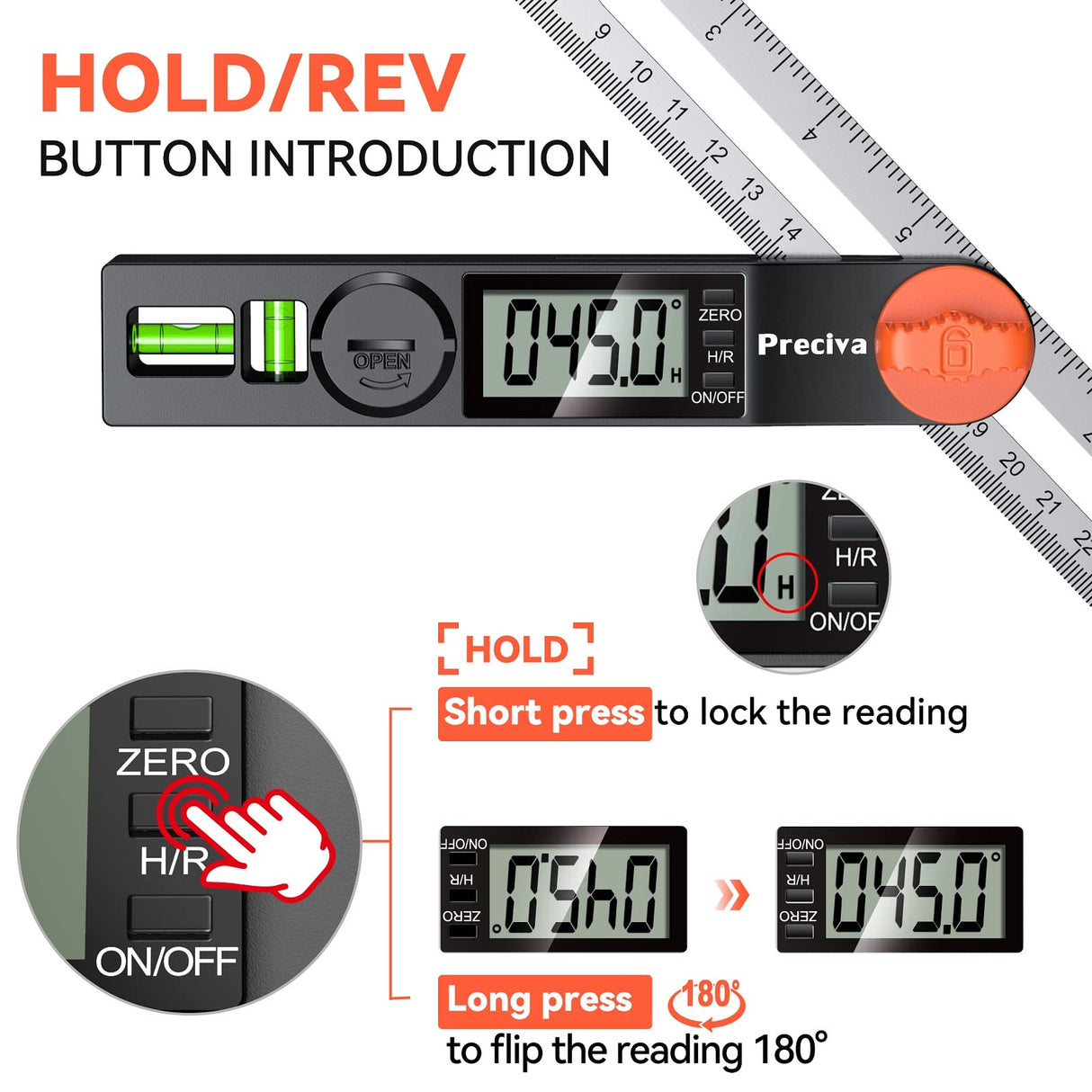 Preciva T-Bevel Gauge & Protractor with Horizontal and Vertical Bubble,0-338° Digital Angle Finder Protractor 230mm/8inch Display for Carpentry Preciva