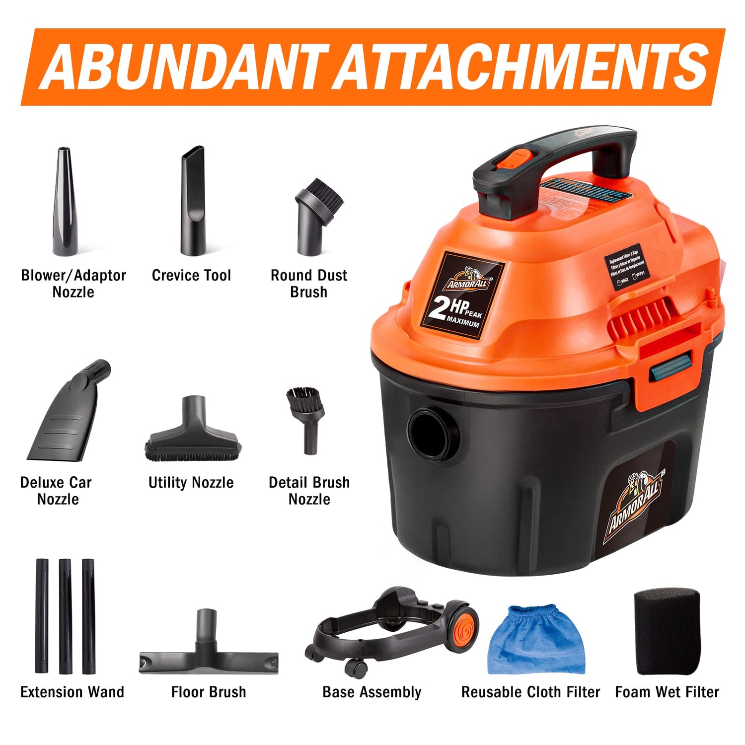 Armor All AA255W 2.5 Gallon 2 Peak HP Utility Wet/Dry Car and Shop Vac, 2.5-Gallon, Orange Armor All
