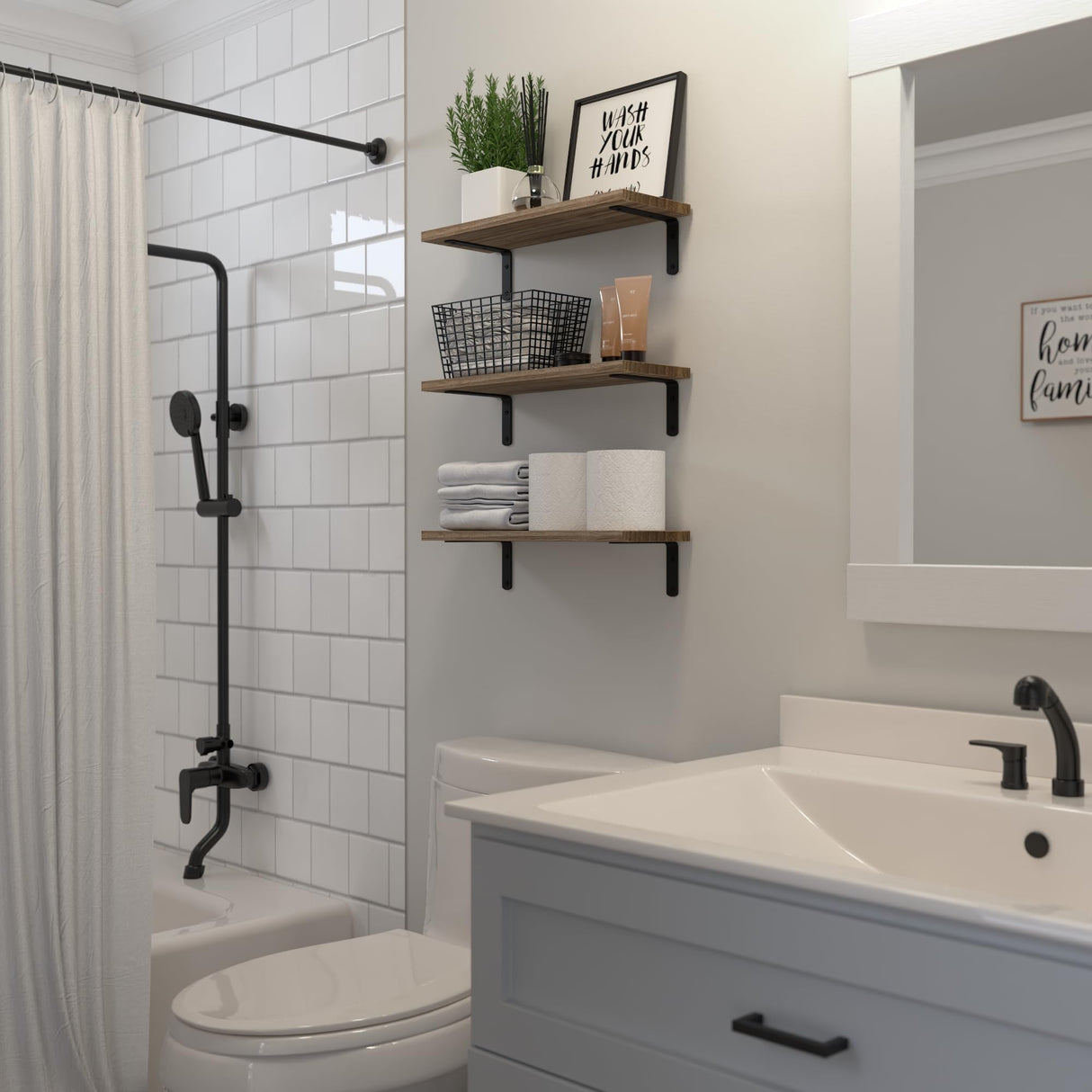 DOLLFIO Rustic Brown Wooden Floating Wall Shelves - Set of 3 for Stylish Home Décor and Storage DOLLFIO