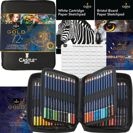 Castle Art Supplies Gold Standard 72 Coloring Pencils Set with Extras | Quality Oil-based Colored Cores Stay Sharper, Tougher Against Breakage | For Castle Art Supplies
