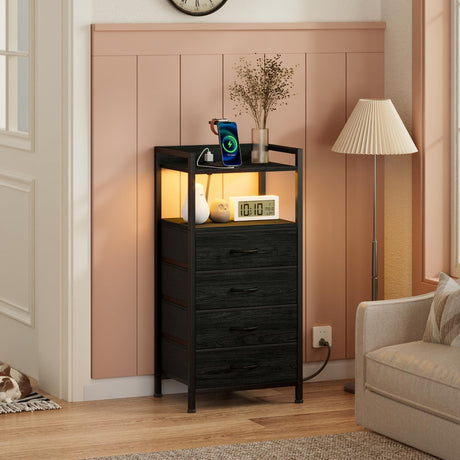 Furnulem 4 Drawer Nightstand with Shelf, Tall Black Dresser for Bedroom with Led Light and Charging Station, Bed Side Table for Living Room, Fabric Furnulem