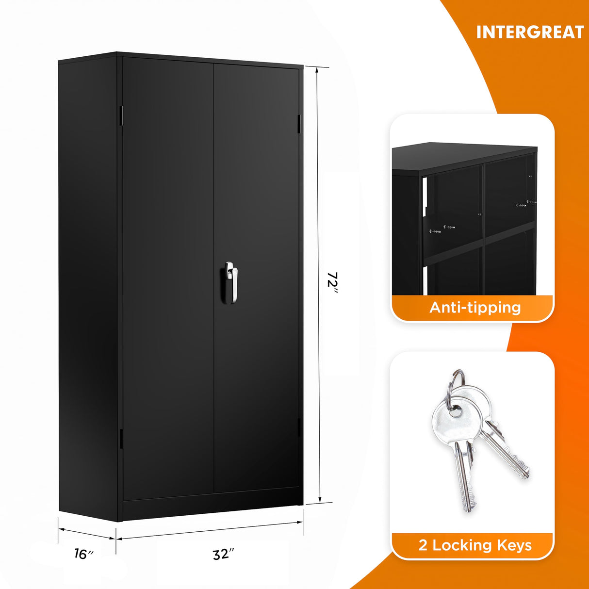 INTERGREAT Metal Garage Storage Cabinet with Locking Doors and Shelves,Black Lockable Steel Tool Cabinet,Tall File Cabinet Locker with Lock for Home INTERGREAT