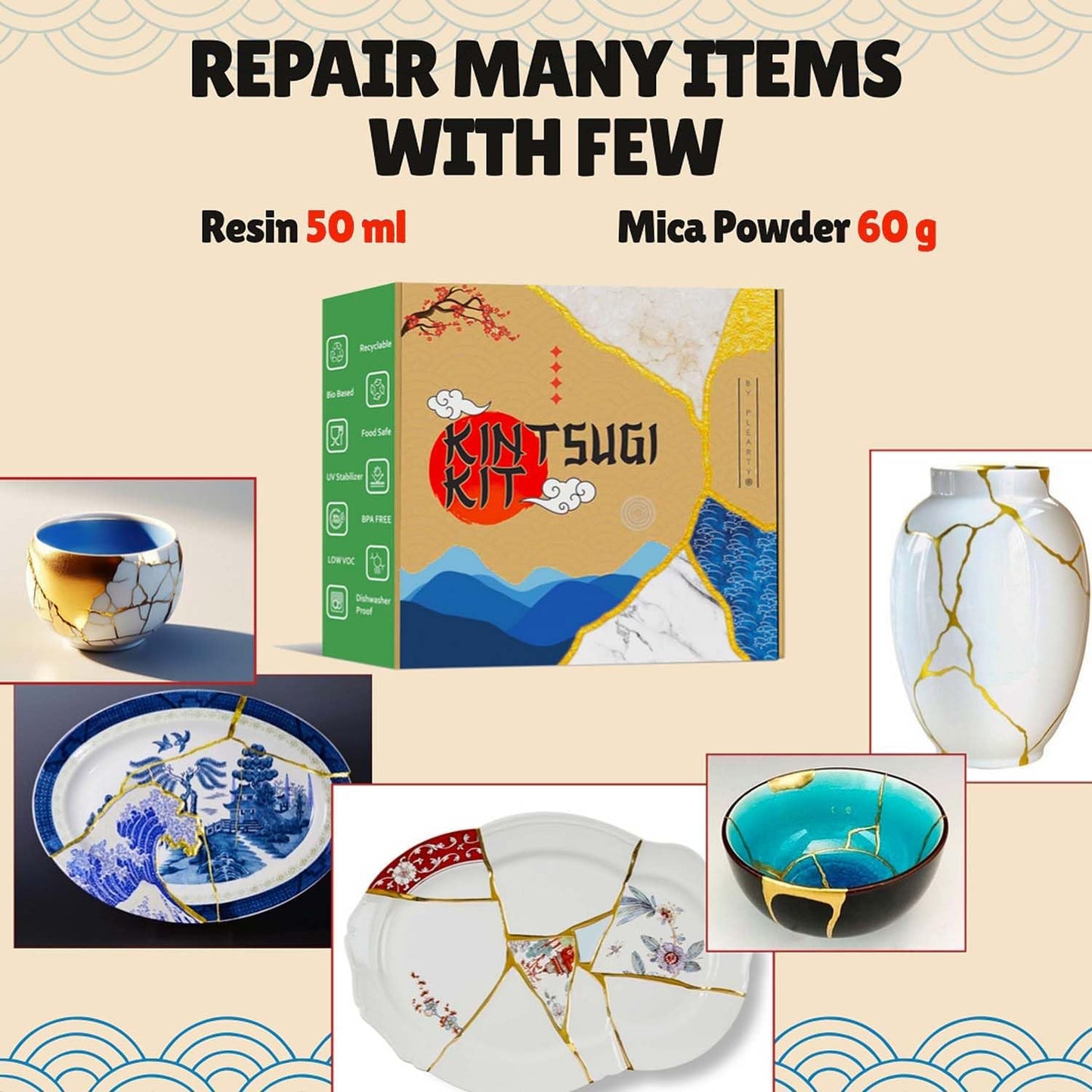 Bio Kintsugi Repair Kit Gold (with 2 Ceramic Cups & Upgraded Resin) with  Complete 15 Pages Booklet, 60g Gold Shades Mica Powder 50ml Resin DIY