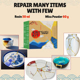 Bio Kintsugi Repair Kit Gold with Complet 15 Pages Booklet Manual 60g Gold Mica Powder for Japanese Gold Repair Kit DIY Craft Kits for Adults Pottery Plearty