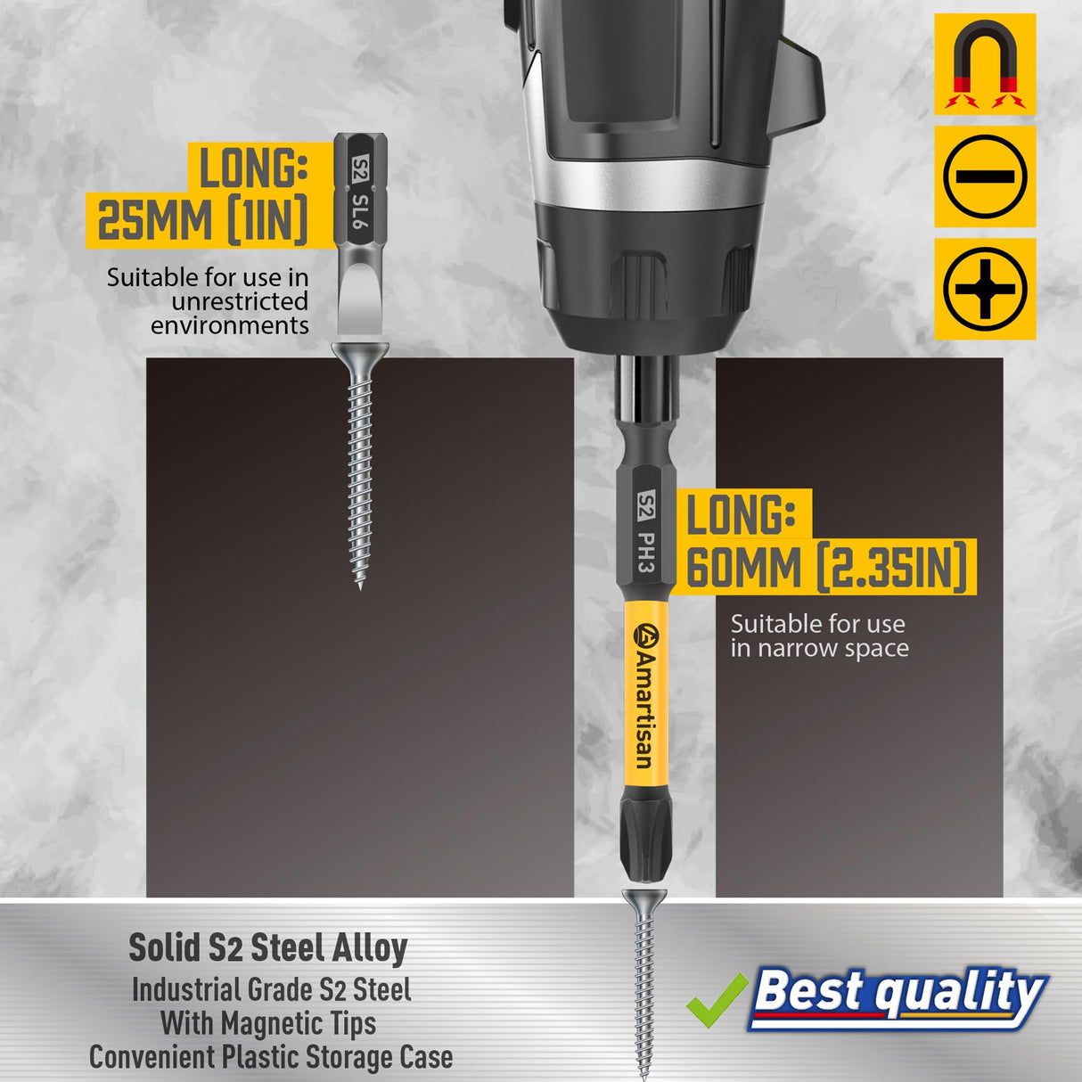 Amartisan 24-piece Screwdriver Bit Set | Magnetic Slotted Phillips driver bit set | S2 Steel, long 1" and 2.3" Head Drill Bits Set Amartisan