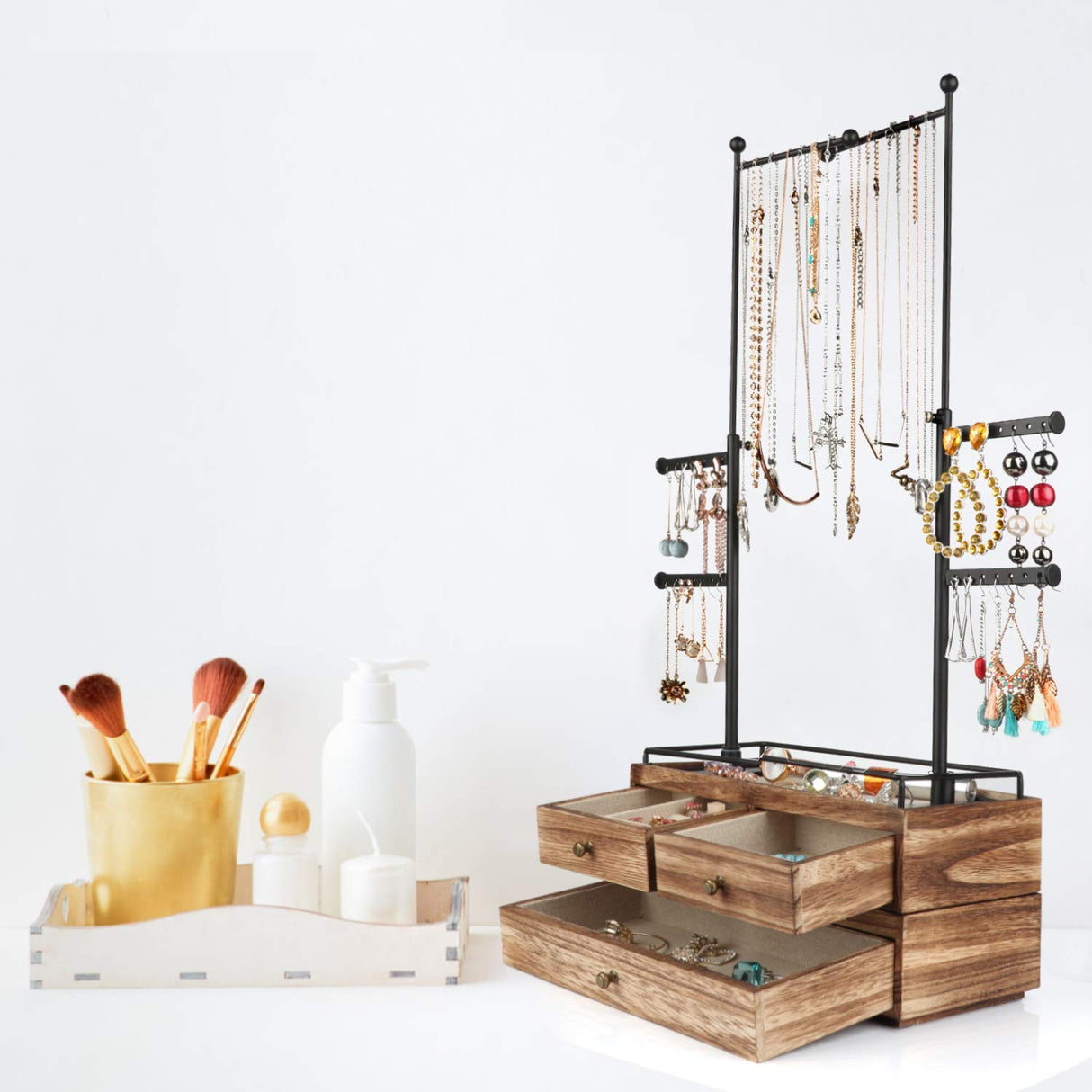 Jewelry Organizer - 2 Layer Wooden Jewelry Drawer Storage Box with 6 Tier Jewelry Tree Stand, Jewelry Display for Necklaces Bracelet Earring Ring Olakee