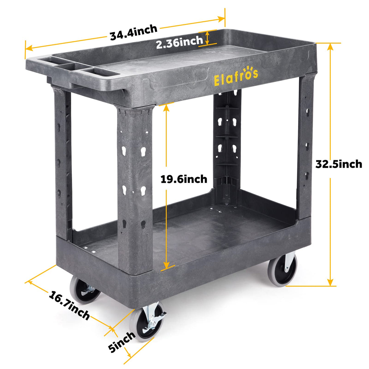 ELAFROS Heavy Duty Plastic Utility Cart 34 x 17 Inch - Work Cart Tub Storage W/Deep Shelves and Full Swivel Wheels Safely Holds up to 550 lbs - 2 ELAFROS