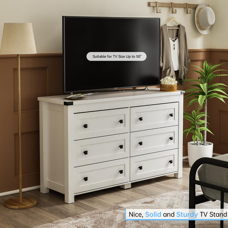 HUANLEGO White Dresser for Bedroom with 6 Drawers, Modern Chest of Drawers, Wood Rustic Wide Storage Drawers Dressers Organizer for Closet, Living HUANLEGO