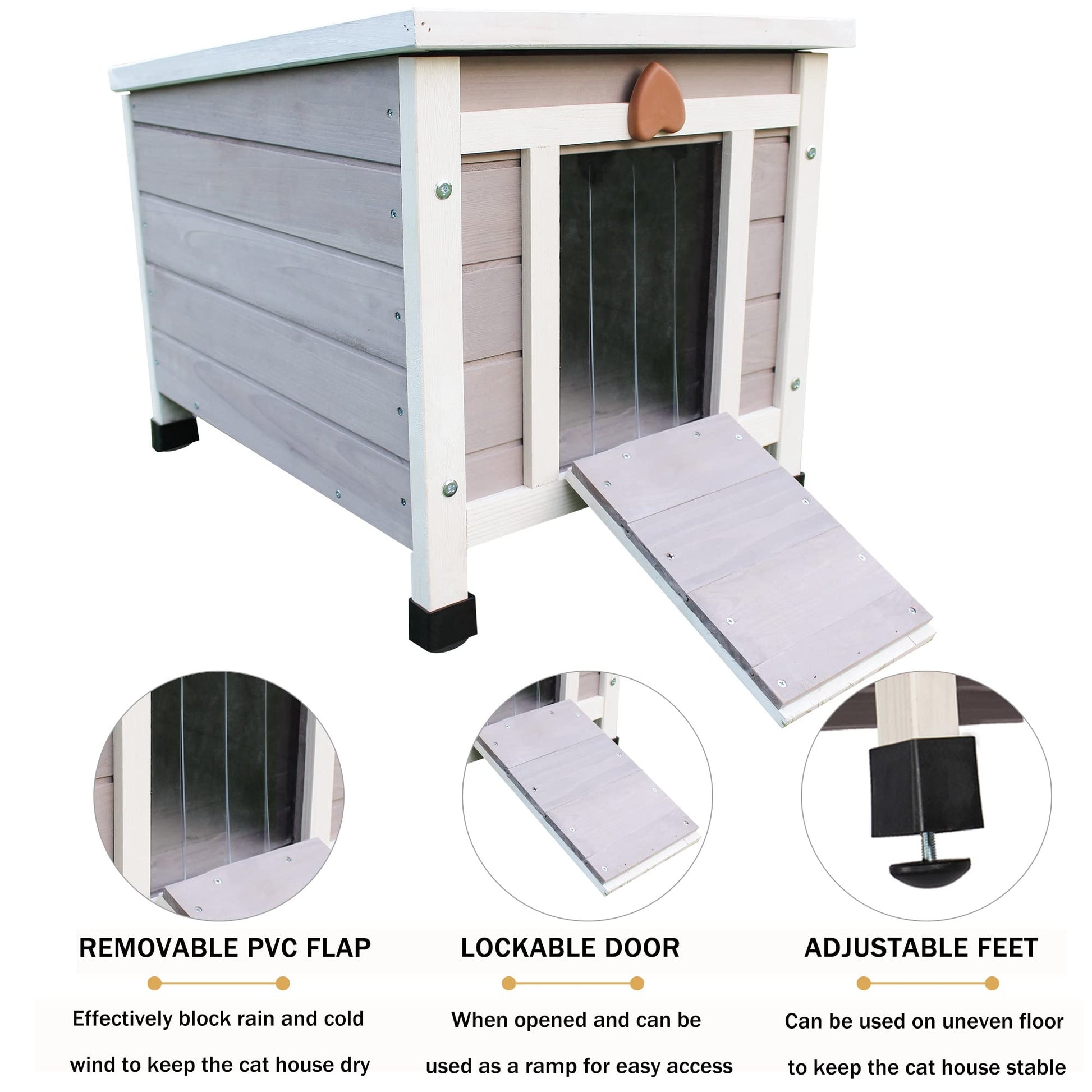 Deblue Weatherproof Cat House for Outdoor Cats, Wooden Small Pet House Outside, Feral Cat Shelter with Elevated Floor and Lockable Door - Grey - WoodArtSupply