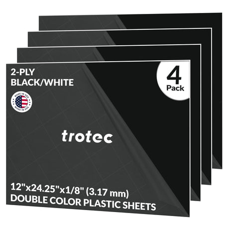 Trotec TroLase | 12"x24.25"x1/8", 4 Pcs | Black/White | 2 Ply | Modified Acrylic | Laser Engraving Double Color Plastic Sheet | Engraving Blanks for TROTEC