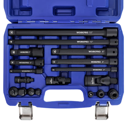 WORKPRO 18-Pieces Drive Tool Accessory Set, Includes Socket Adapters, Socket Extension Bar, Swivel Universal Joints and Impact Coupler, 1/4", 3/8" &