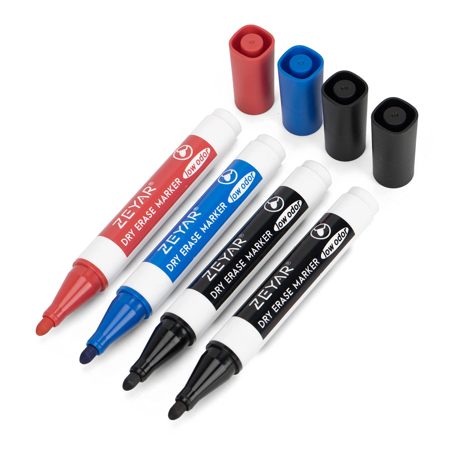 ZEYAR Low Odor Dry Erase Marker, Bullet Tip White Board Marker, 4 Count (2 Black,Blue,Red) - WoodArtSupply