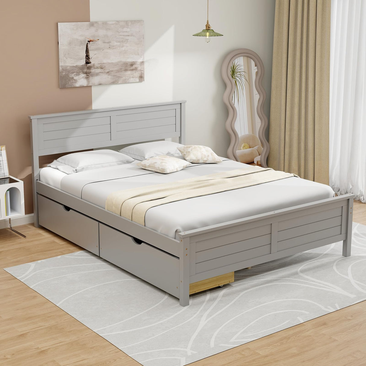Giantex Grey Solid Wood Full Size Bed Frame with 2 Convenient Storage Drawers Giantex