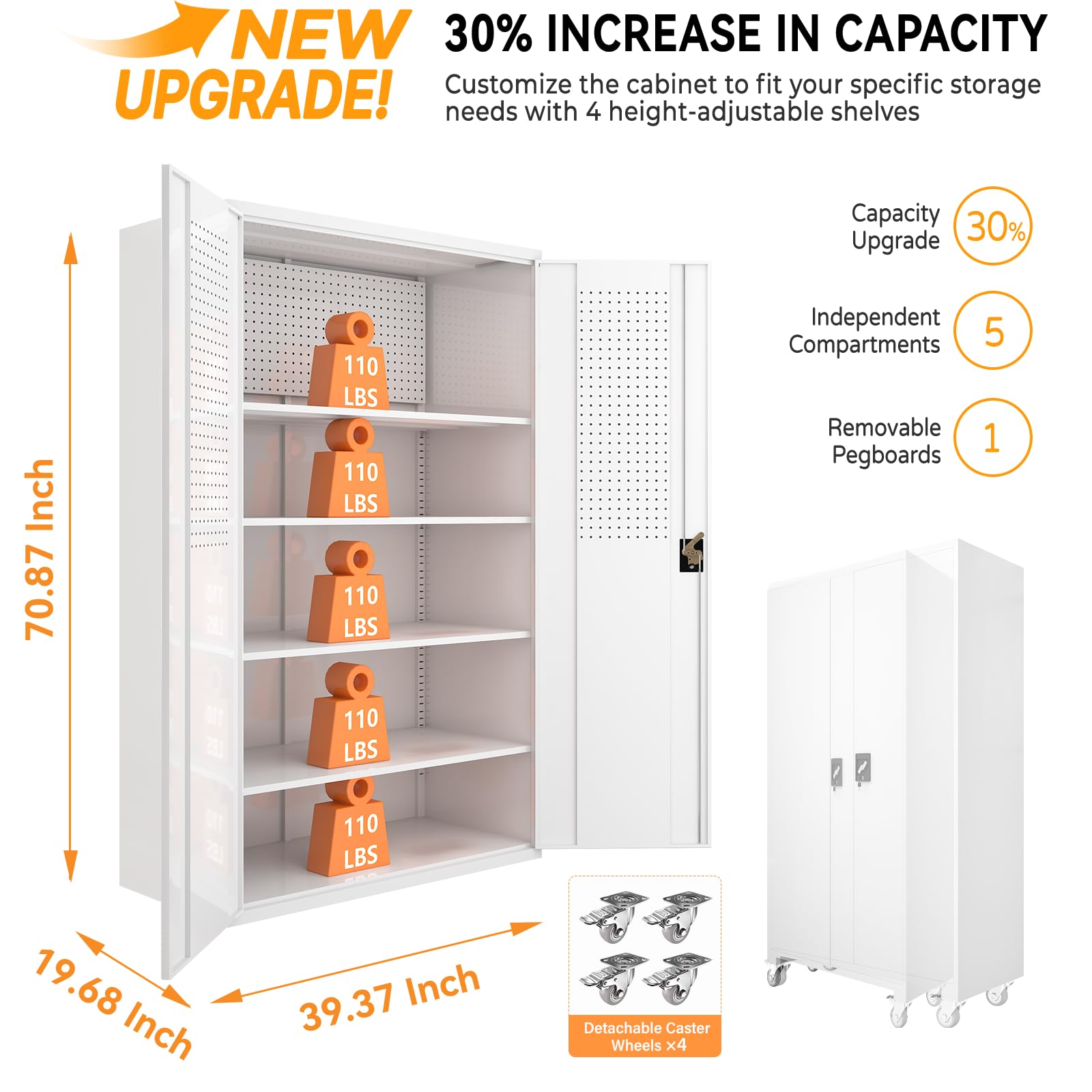 Upgraded Tall & Wide Metal Storage Cabinet with Doors & 4 Adjustable Shelves | Heavy-Duty Black Lockable Garage Cabinet with Wheels & Pegboard for - WoodArtSupply