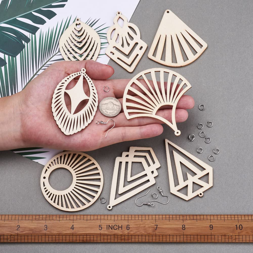 80pcs Natural Unfinished Wooden Earring Pendant 8 Styles Undyed Filigree Round Teardrop Blank Cutout Wood Dangle Earrings Kit with Jump Rings & Fish EEE ELECRELIVE