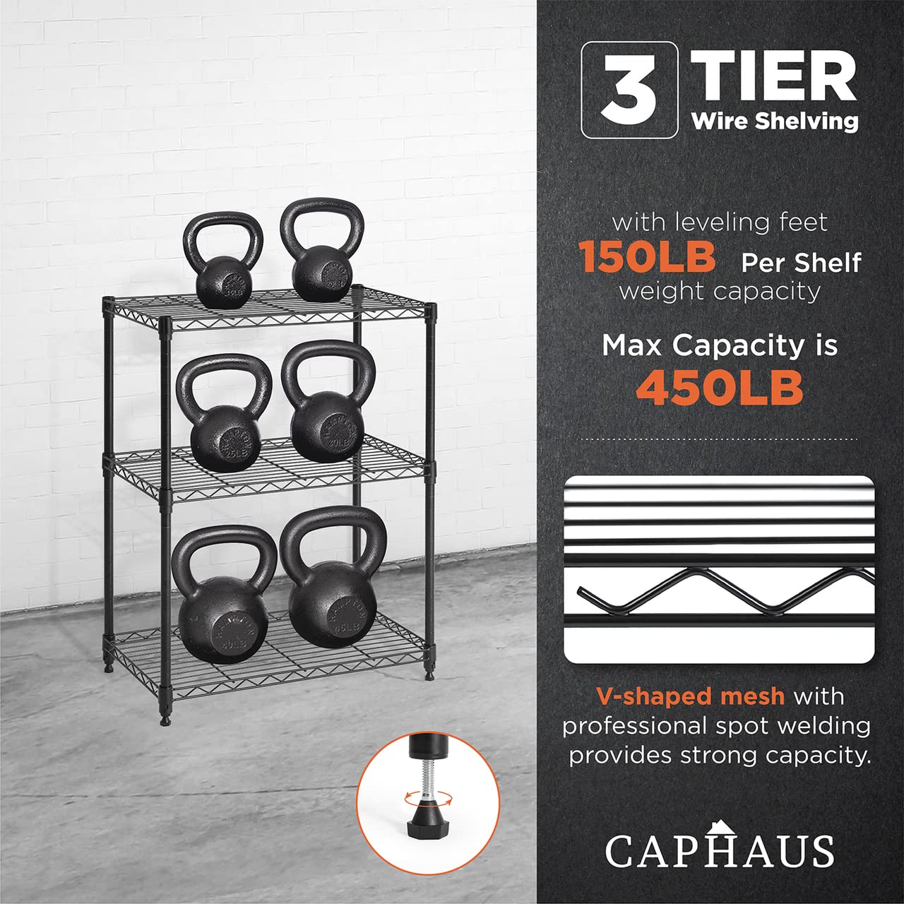 CAPHAUS 3/4/5-Tier Adjustable Height Wire Shelving Unit, Rack Shelving, Metal Steel Shelves, Garage Organizer, Utility Storage Shelf, 3-Tier Without CAPHAUS