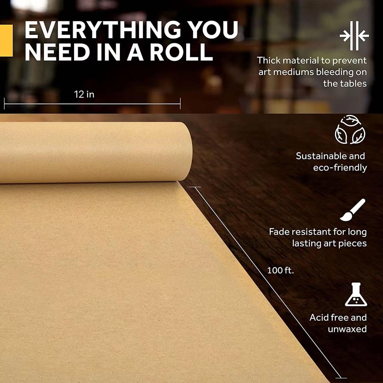 PONGHEI Brown Kraft Paper Roll 12" x 100ft (1200 Inch) for Gift Wrapping Packing, Brown Paper for Arts Crafts, Kraft Paper for Bulletin Board Poster PONGHEI