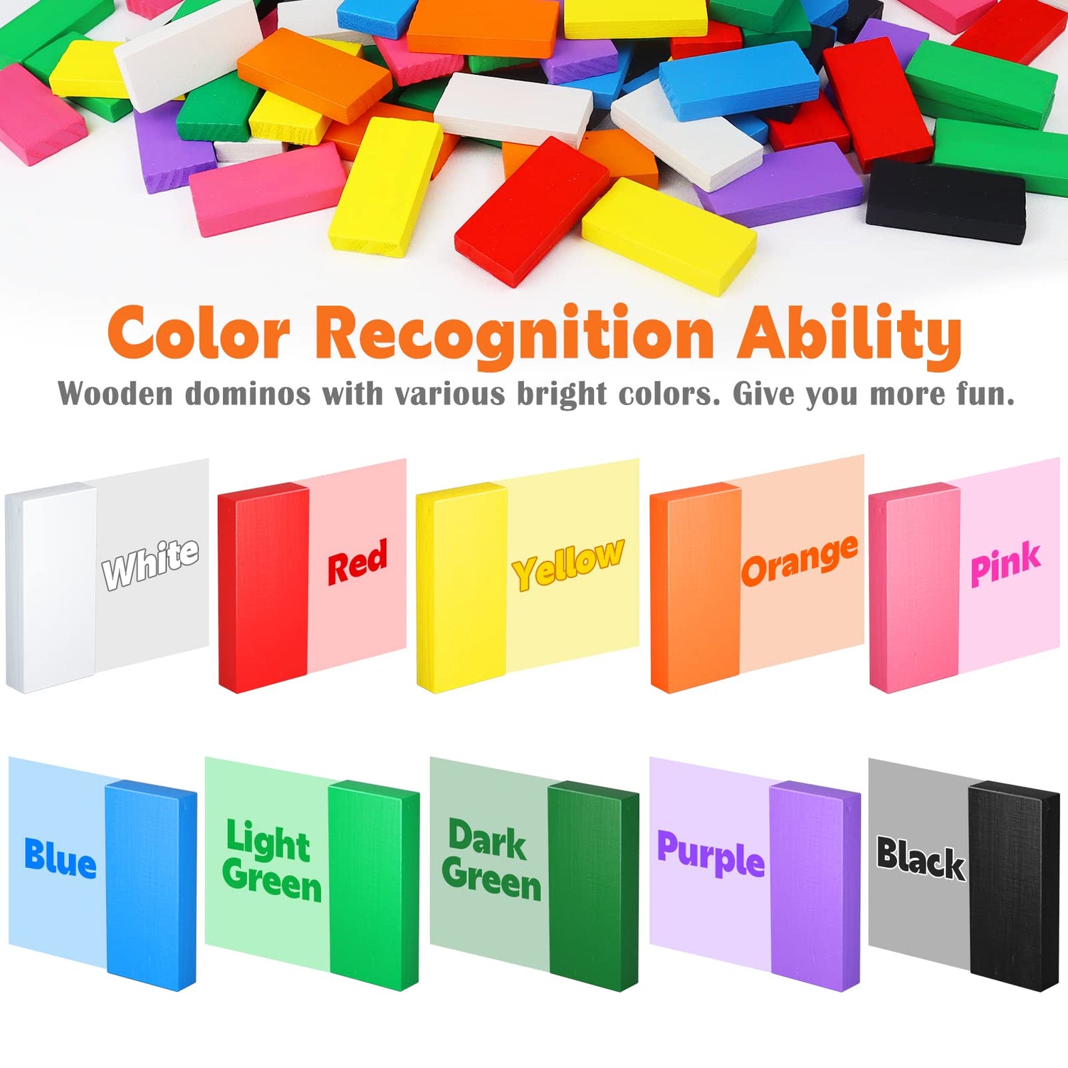 Large Dominoes for Kids, Wooden Dominos Set Include 200 PCS Colorful Domino Blocks, 11 Add-on Tricks and 1 Storage Bag, Bulk Building Dominoes, Tile PEBIRA