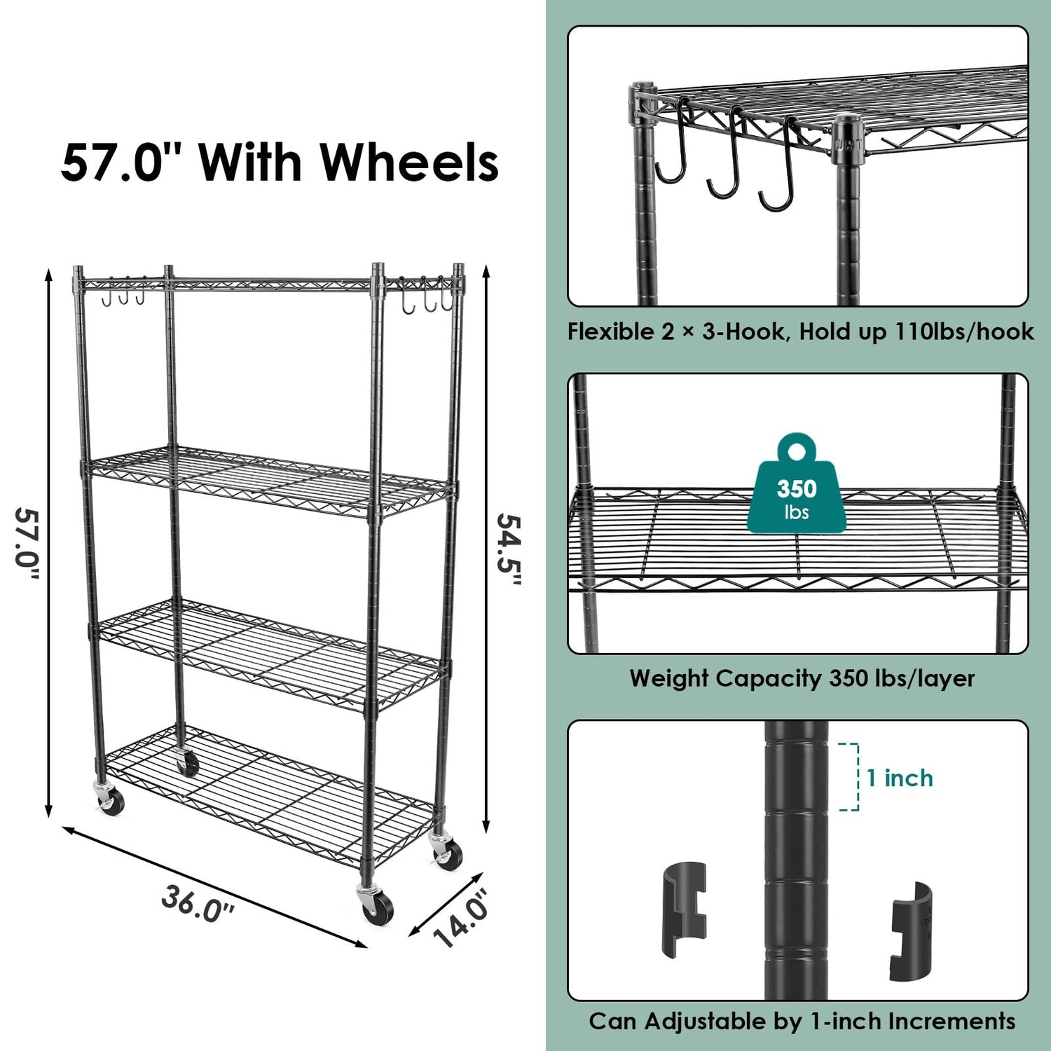 WDT 4-Tier Storage Shelves, Heavy Duty Metal Shelves Wire Rack Shelving Unit, Adjustable Shelf with Wheels for Home Office Garage Kitchen Shelf,36" D WDT