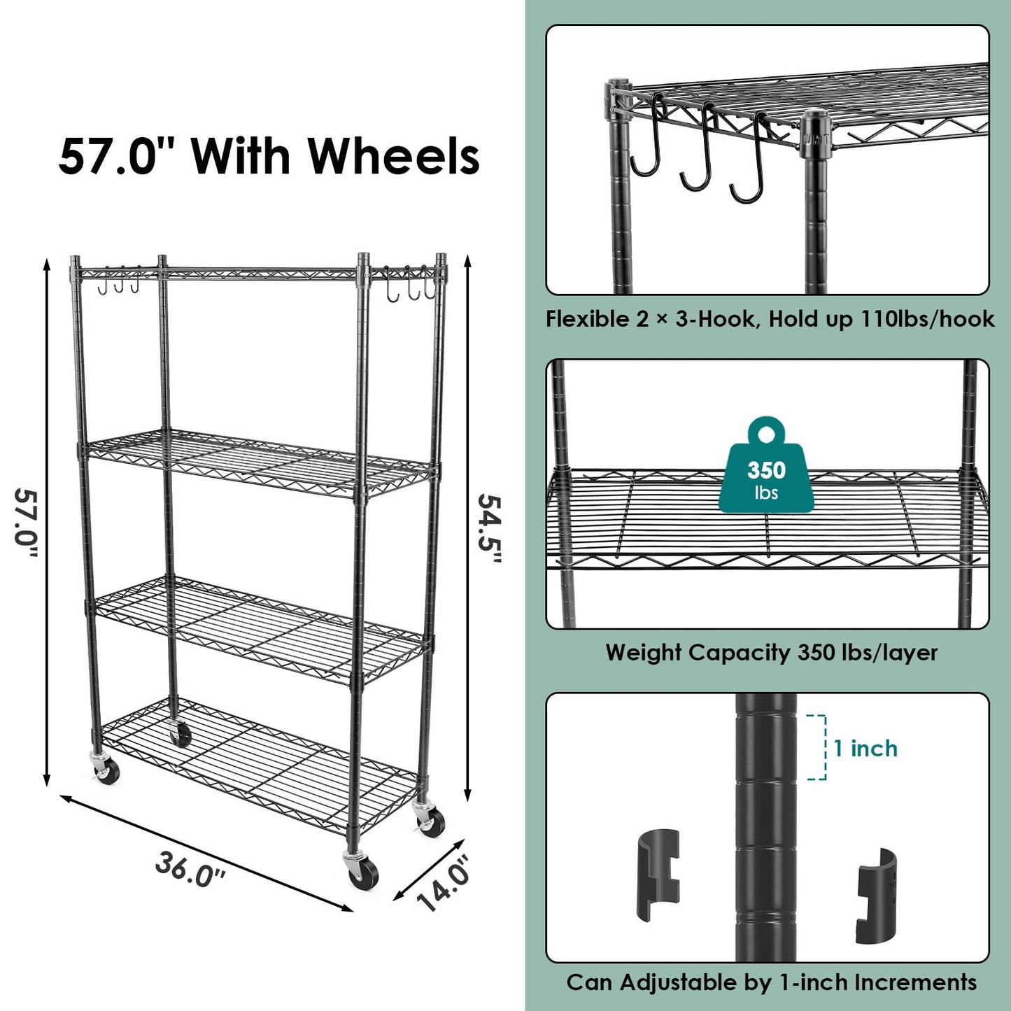 WDT 4-Tier Storage Shelves, Heavy Duty Metal Shelves Wire Rack Shelving Unit, Adjustable Shelf with Wheels for Home Office Garage Kitchen Shelf,36" D - WoodArtSupply