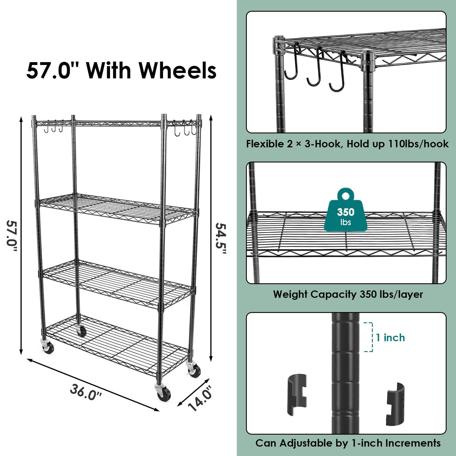 WDT 4-Tier Storage Shelves, Heavy Duty Metal Shelves Wire Rack Shelving Unit, Adjustable Shelf with Wheels for Home Office Garage Kitchen Shelf,36" D - WoodArtSupply