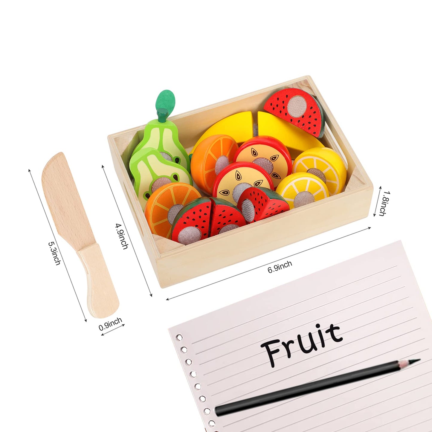 WHOHOLL Wooden Play Food with Wooden Tray & Knife, Pretend Play Cutting Food Toys, Fruits Toy Food Sets for Kids Kitchen, Mini Food Toy, Montessori - WoodArtSupply