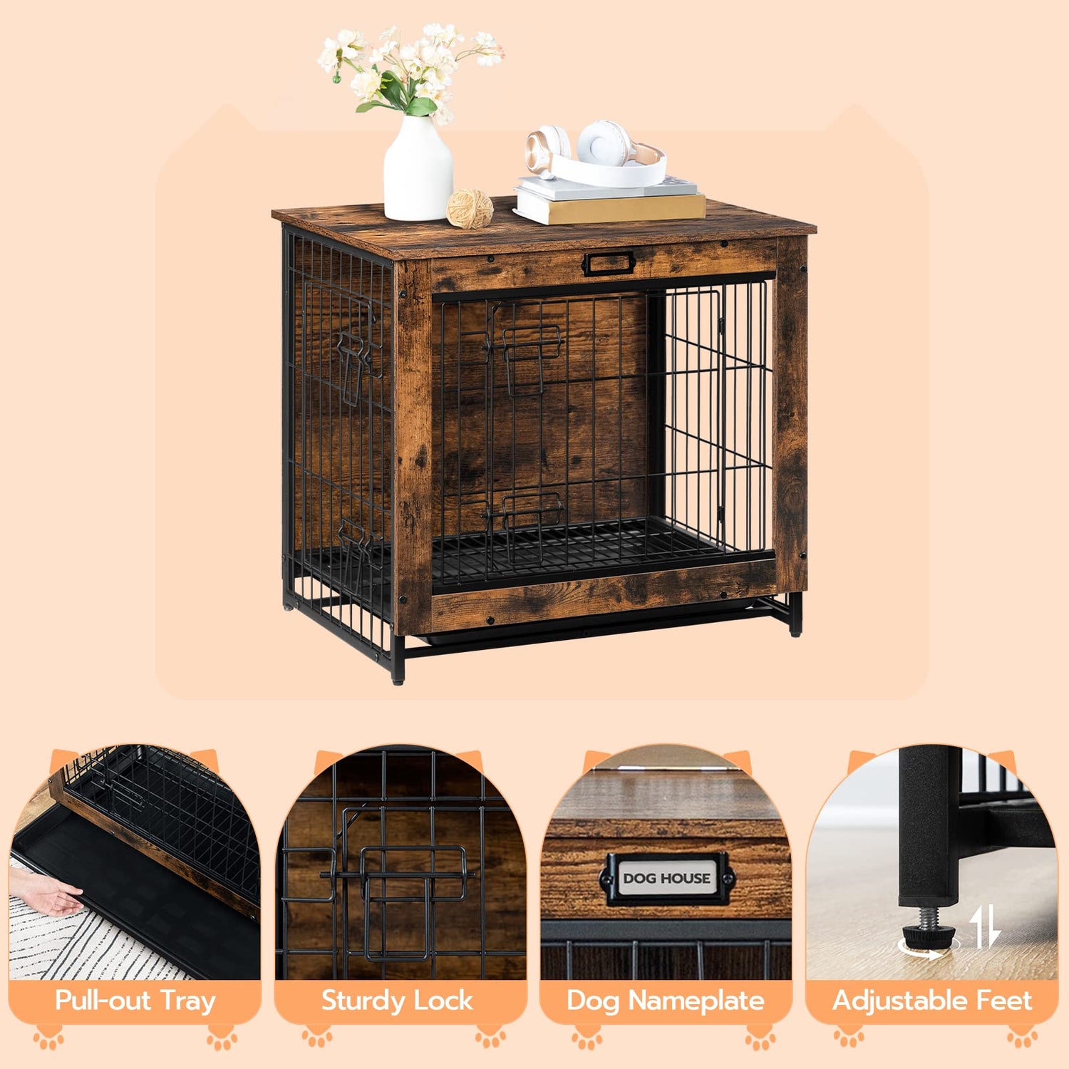 HOOBRO Dog Crate Furniture, Decorative Dog Kennel, Wooden Pet Furniture with Pull-Out Tray, Home and Indoor Use, Double Doors Modern Side End Table HOOBRO