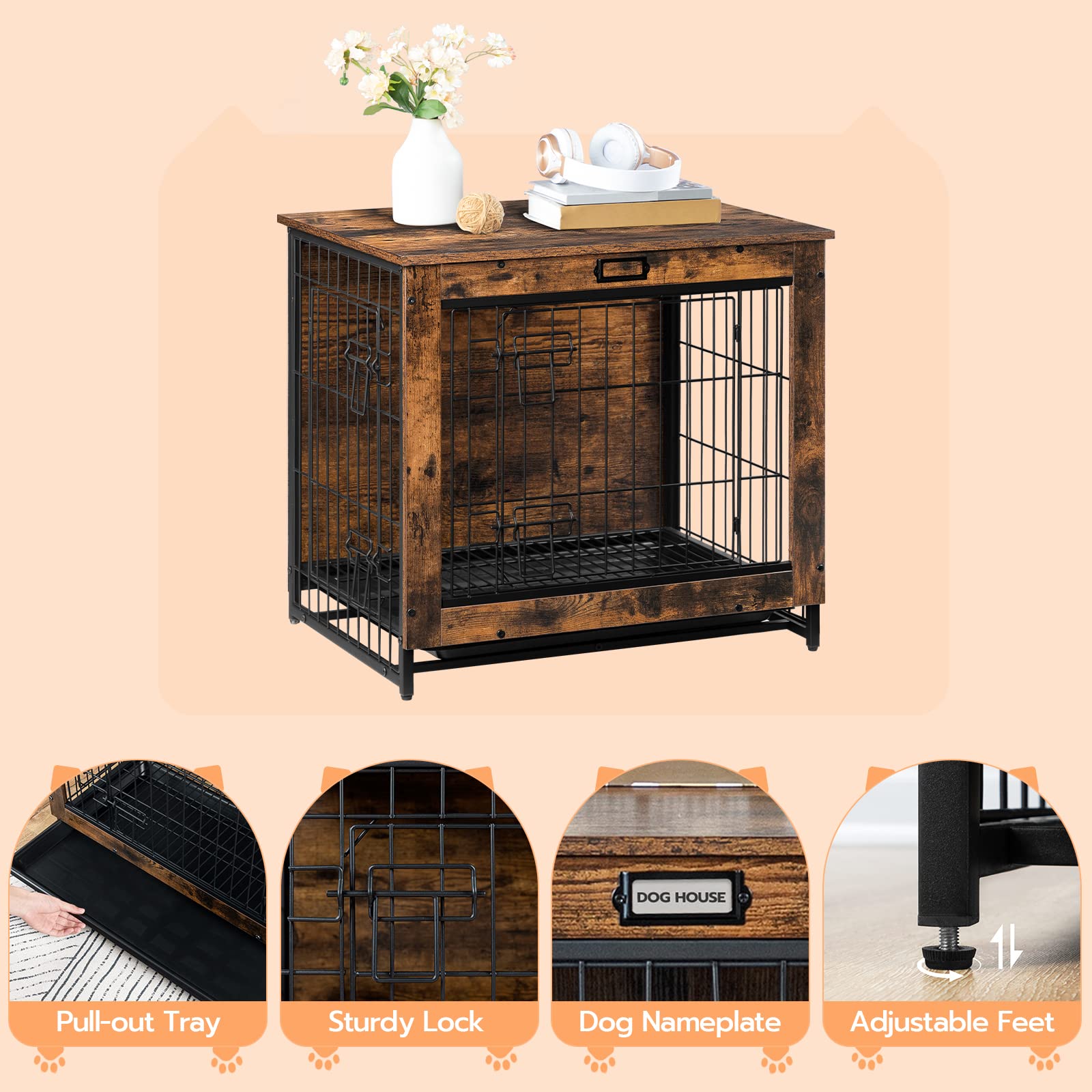 HOOBRO Dog Crate Furniture, Decorative Dog Kennel, Wooden Pet Furniture with Pull-Out Tray, Home and Indoor Use, Double Doors Modern Side End Table - WoodArtSupply