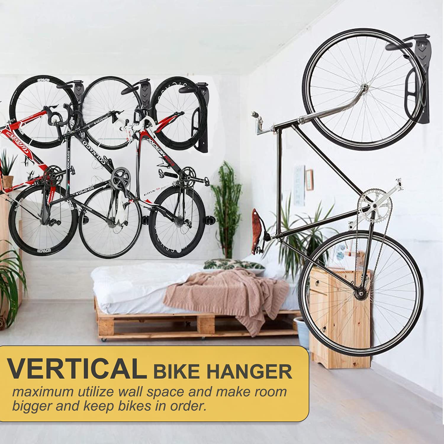 Bike Rack for Garage Wall Mount 4 Pack Vertical Bike Hooks Bicycle Hanging Hooks for Indoor Storage with Non-reversible Hooks - WoodArtSupply