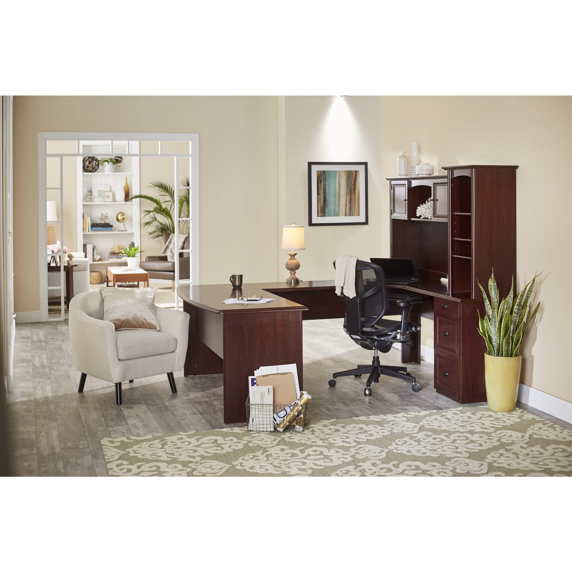 Realspace® Broadstreet 65"W U-Shaped Executive Corner Desk, Cherry - WoodArtSupply