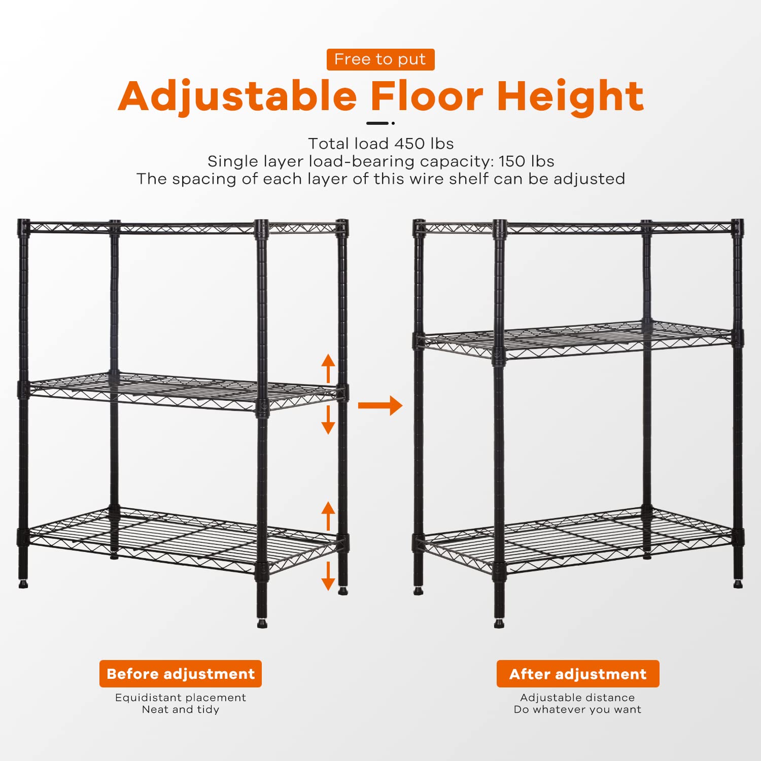 3-Tier Storage Shelves Adjustable,Wire Shelving Heavy Duty Storage Rack(150 Lbs Loading Capacity/Shelf) Metal Shelf Organizer Wire Rack Shelf for MGHH