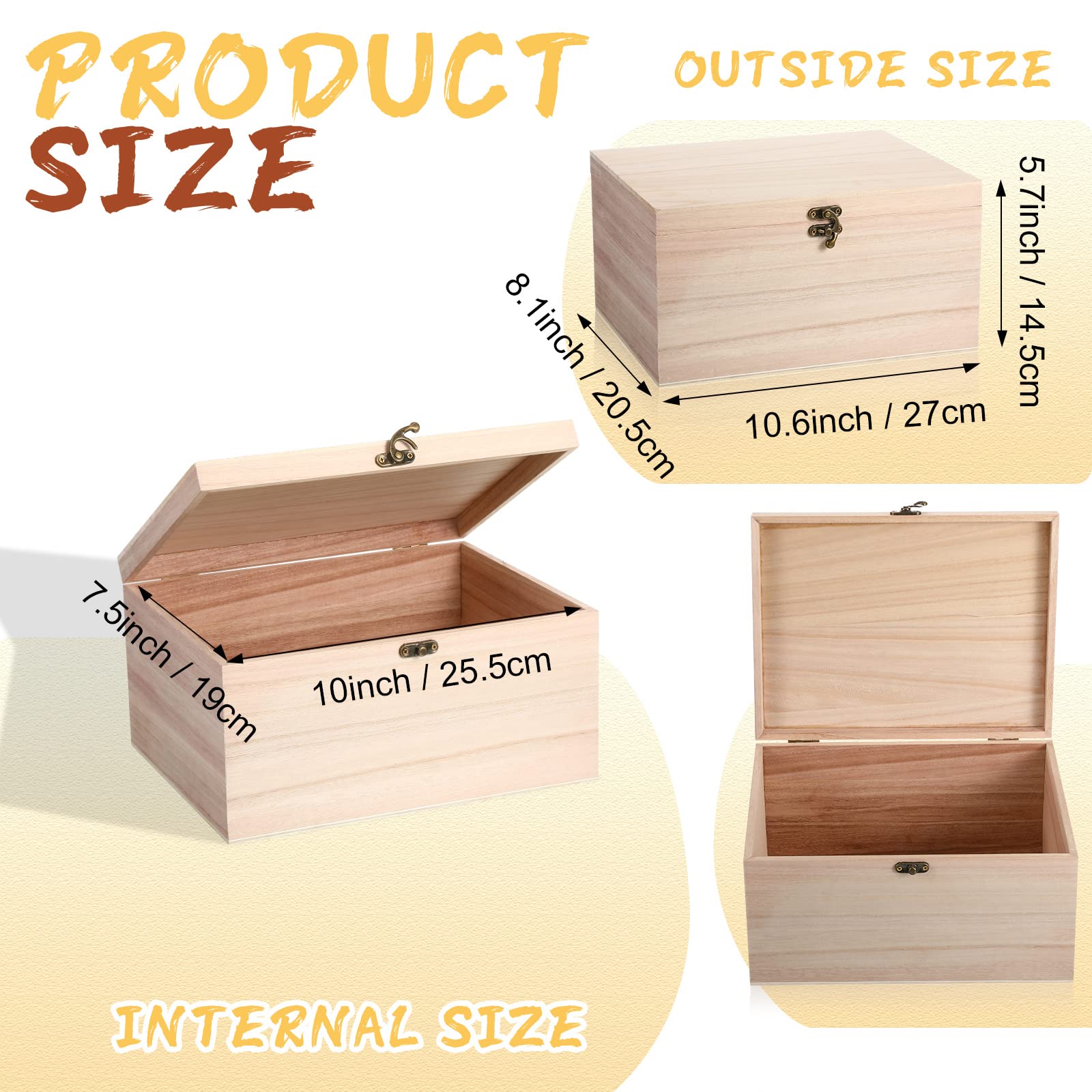 Yookeer 2 Pcs Large Unfinished Wooden Box with Hinged Lid and Front Clasp, Rectangle Unpainted Crafts DIY Wood Boxes Treasure Chest Stash Box for Art - WoodArtSupply