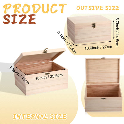 Yookeer 2 Pcs Large Unfinished Wooden Box with Hinged Lid and Front Clasp, Rectangle Unpainted Crafts DIY Wood Boxes Treasure Chest Stash Box for Art