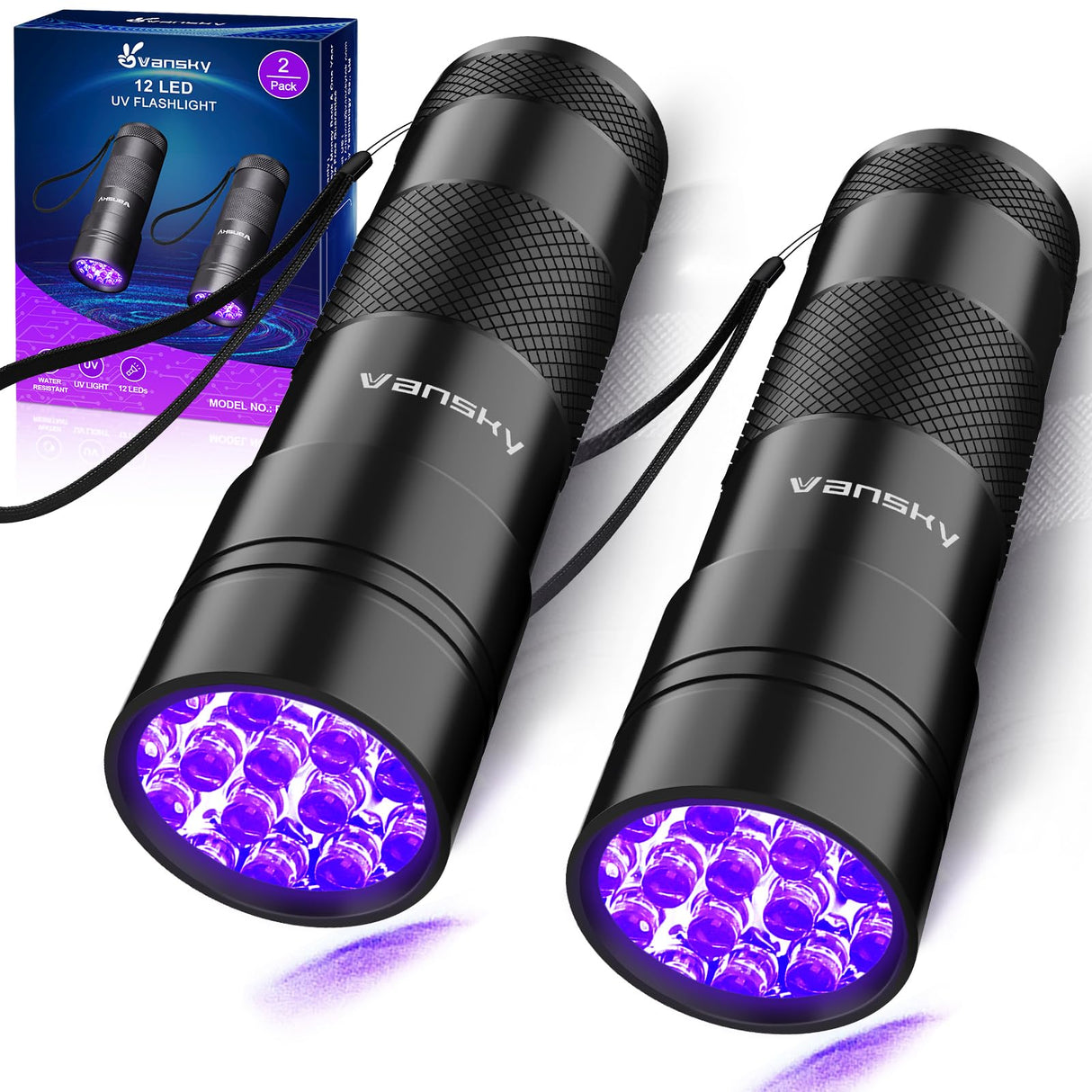 Black Light UV Light Flashlight: Vansky 395nm 12 LED 2 Pack Ultraviolet Blacklight Flashlight Mini Powerful Pet Urine Detector for Dog/Cat, Carpet Vansky