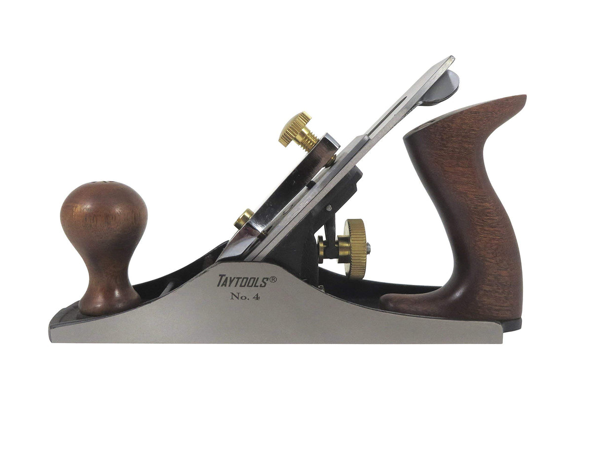 Taytools 469614 Smoothing Bench Hand Plane #4, 9-3/4 Inch Sole, Ductile Cast Body, Lapped Sides and Bottom, Blade RHC 55-60, Sapele Handle and Tote - WoodArtSupply