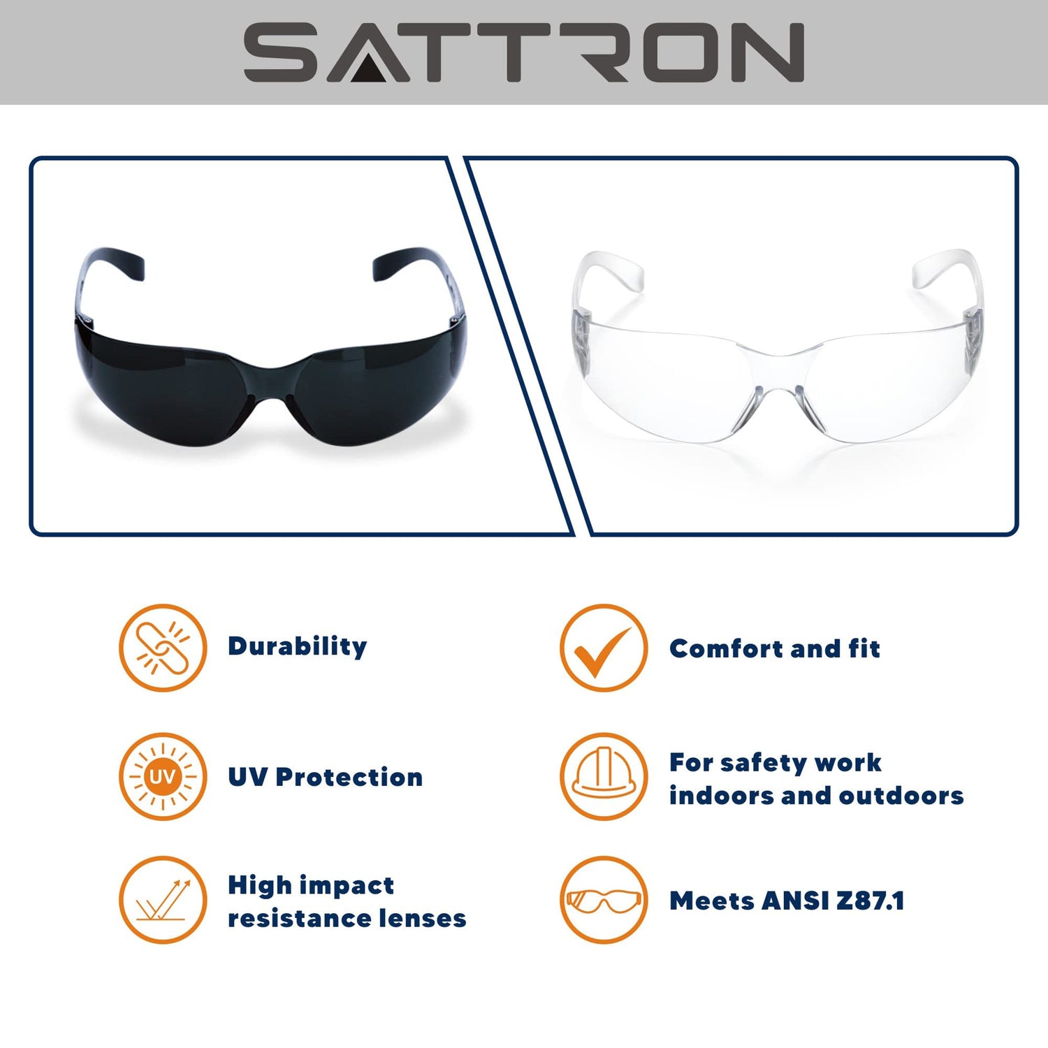 SATTRON 3 Pack of Tinted Safety Glasses, Scratch & Impact Resistant Protective Eyewear, Dark Lenses for UV Protection SATTRON