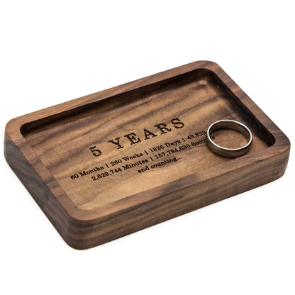 MUUJEE Ring Dish - Engraved Rectangle Wood Tray Small Jewelry Dish 5 Year Wedding Anniv Gifts Ideas - 5.5" x 3.5" (5 Years) - WoodArtSupply