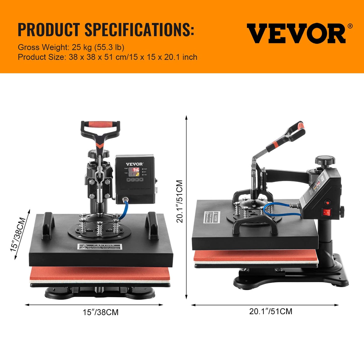 VEVOR Heat Press Machine 6 in 1 Combo Heat Press 15 x 15 Inch Heat Transfer Machine 360-Degree Swing Away Digital Shirt Printing Multi-function Heat