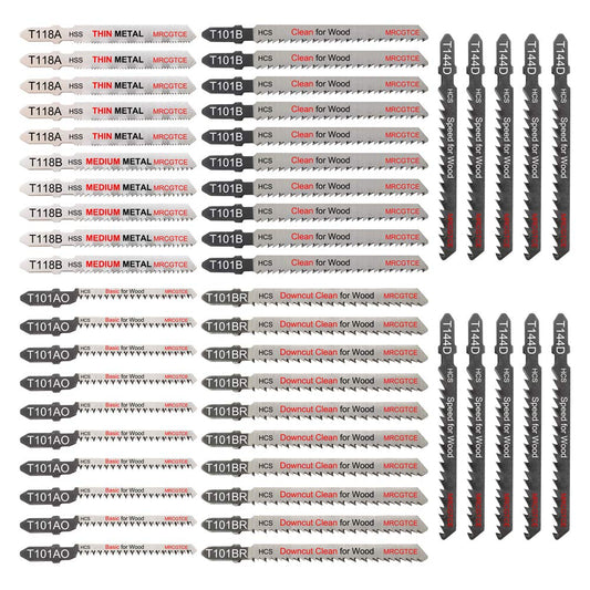 50 Piece Contractor Jigsaw Blades Set with Storage Case, Assorted T-Shank Jig Saw Blades for Wood, Plastic and Metal - WoodArtSupply