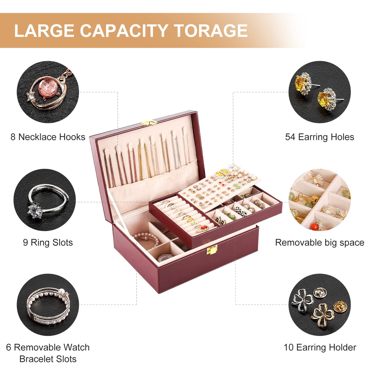 Sanikeon Jewelry Boxes for Women Girls PU Leather Jewelry Organizer Box 2 Layer Large Jewelry Storage Case Removable Tray for Necklace Earring Ring Sanikeon