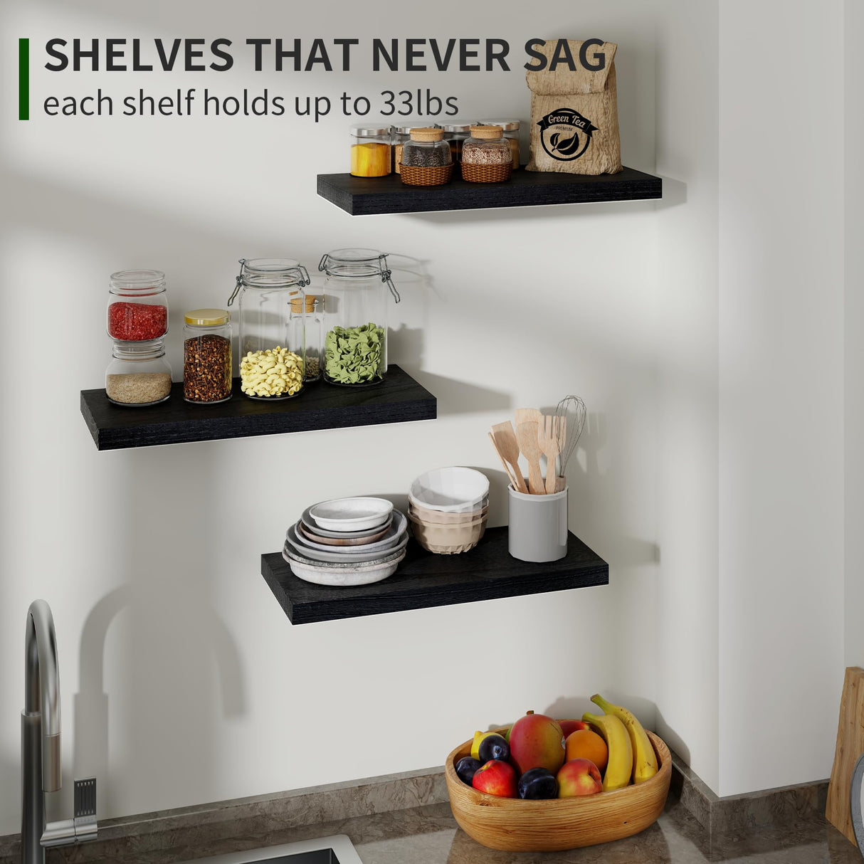 Marsmiles Black Floating Shelves, 17 Inch Wall Shelf Set of 3, Rustic Wood Shelves for Wall Storage, Wall Mounted Wooden Display Shelf for Bathroom Marsmiles