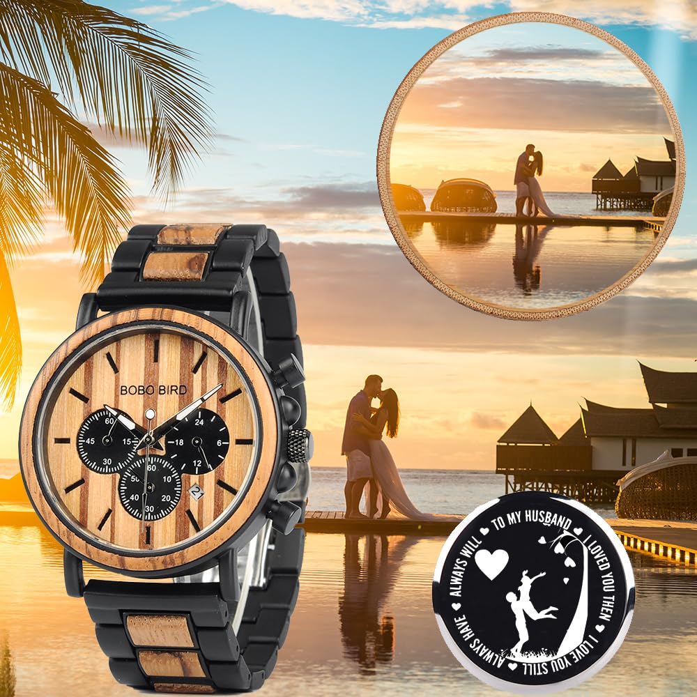 BOBO BIRD Mens Personalized Engraved Wooden Watches, Stylish Wood & Stainless Steel Combined Quartz Casual Wristwatches for Men Family Friends - WoodArtSupply