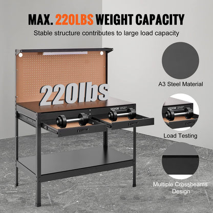 VEVOR Workbench A3 Steel Work Bench for Garage max. 1500W Heavy Duty Workbench 220lbs Weight Capacity 0.47" Bench top Thickness Hardwood Workbench - WoodArtSupply