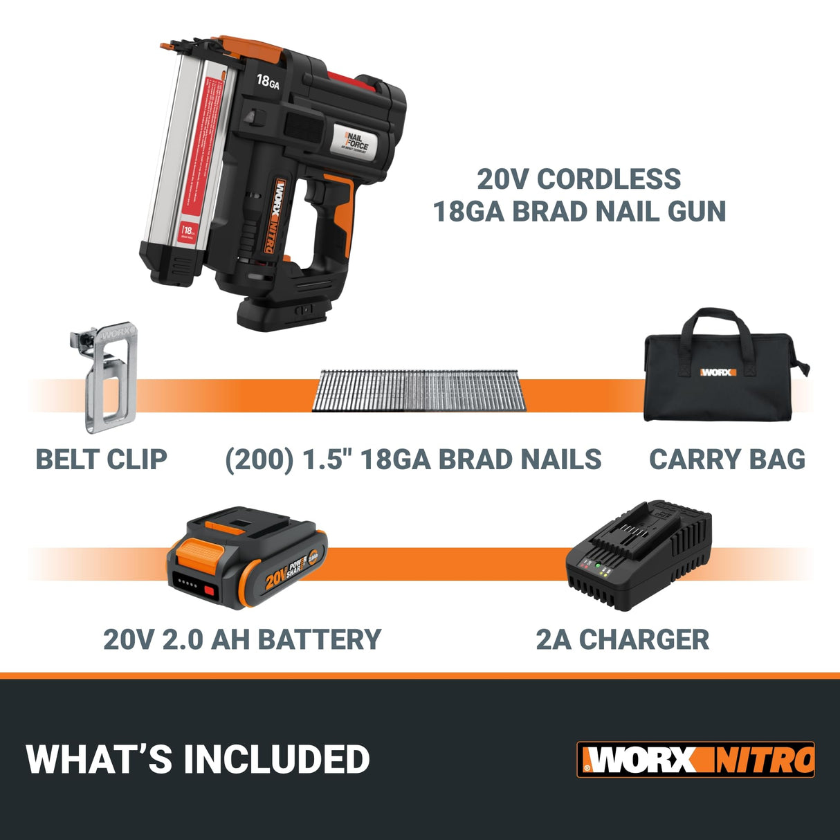 Worx Nitro 20V 18GA Brad Nailer Cordless Fires 80 Nails Per Minute, Cordless Nail Gun Anti-Ejection, Nail Gun Battery Powered Tool-Free Jam Release WORX
