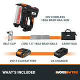 Worx Nitro 20V 18GA Brad Nailer Cordless Fires 80 Nails Per Minute, Cordless Nail Gun Anti-Ejection, Nail Gun Battery Powered Tool-Free Jam Release WORX
