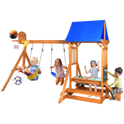 SuniBoxi Wooden Swing Set/Playset Made for Small Yards and Kids Toddlers Age 3-6, 6-in-1 Playground Set with Picnic Table Drawing Board Sandboxes