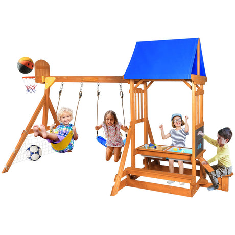 SuniBoxi Wooden Swing Set/Playset Made for Small Yards and Kids Toddlers Age 3-6, 6-in-1 Playground Set with Picnic Table Drawing Board Sandboxes SuniBoxi