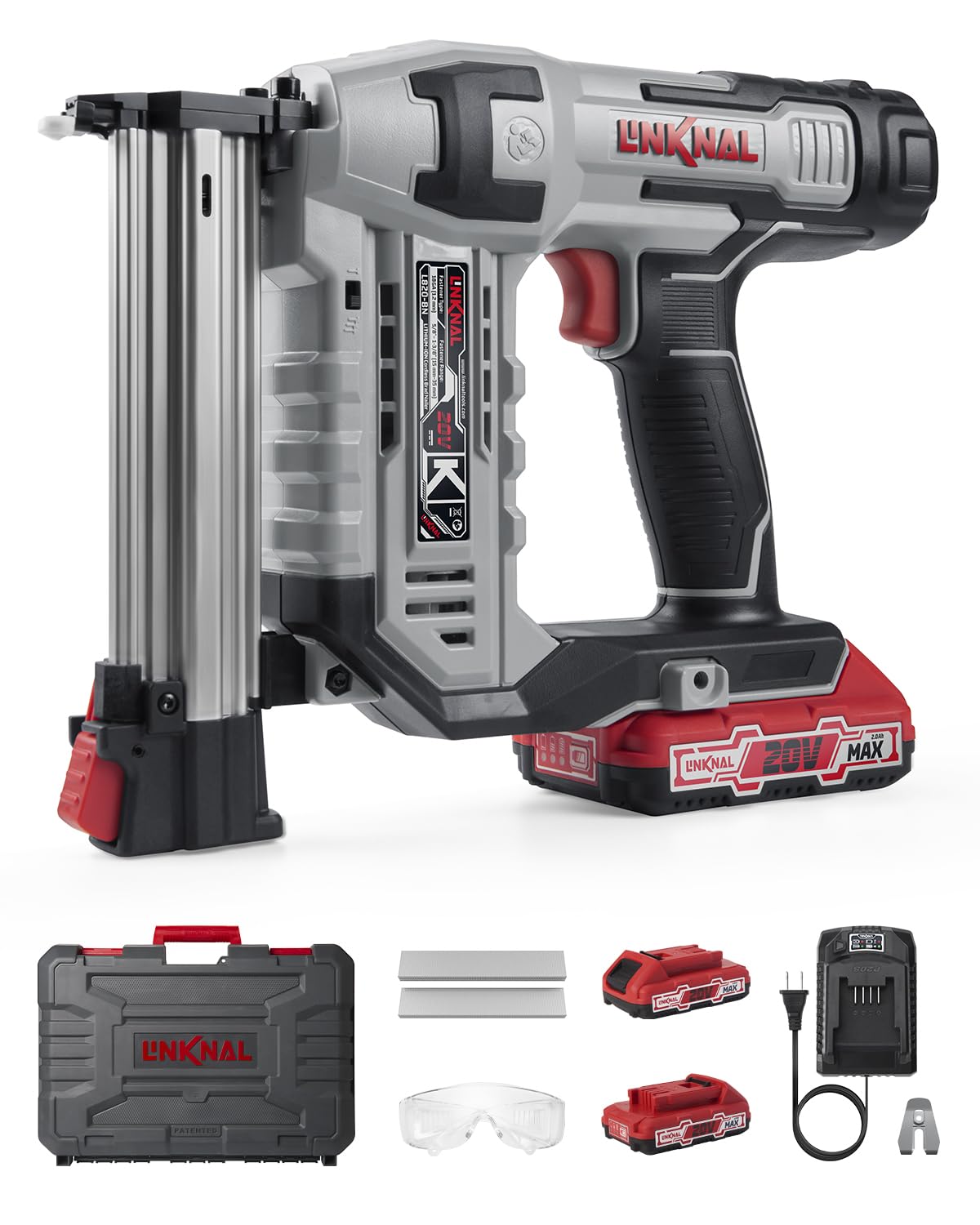 Electric Nail Gun, LINKNAL Cordless Brad Nailer Battery Powered,18 Gauge, 2×20V MAX Li-ion Batteries, Charger and 1000 Nails Included (L820-BN) LINKNAL