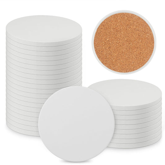 30 Pieces 4 Inch Round Blank Ceramic Coasters, Unglazed Ceramic Tiles Coasters, Ceramic Tiles with Cork Backing Pads for Painting, DIY Crafts, - WoodArtSupply