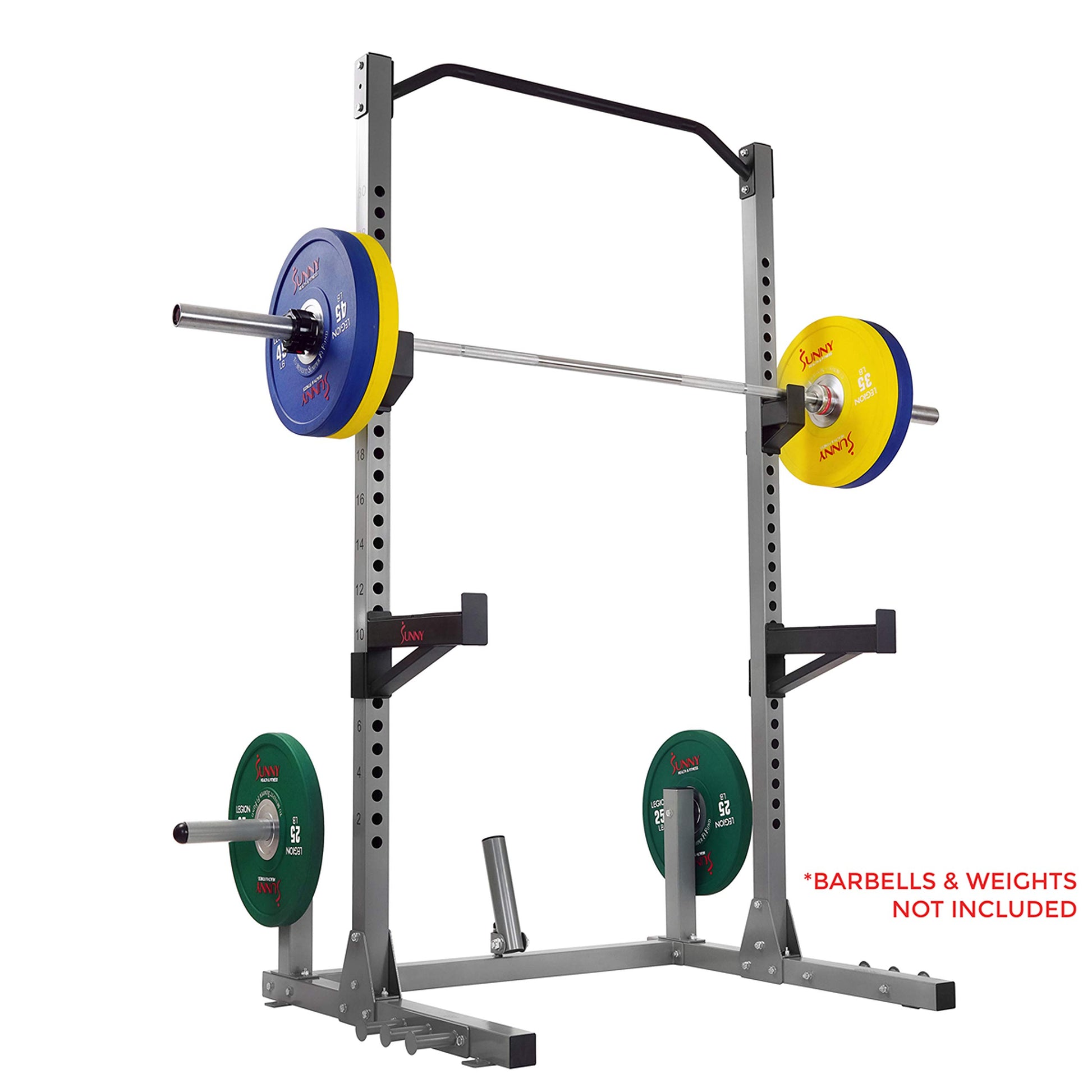 Sunny Health & Fitness Power and Squat Rack with High Weight Capacity, Olympic Weight Plate Storage and 360° Swivel Landmine and Power Band - WoodArtSupply